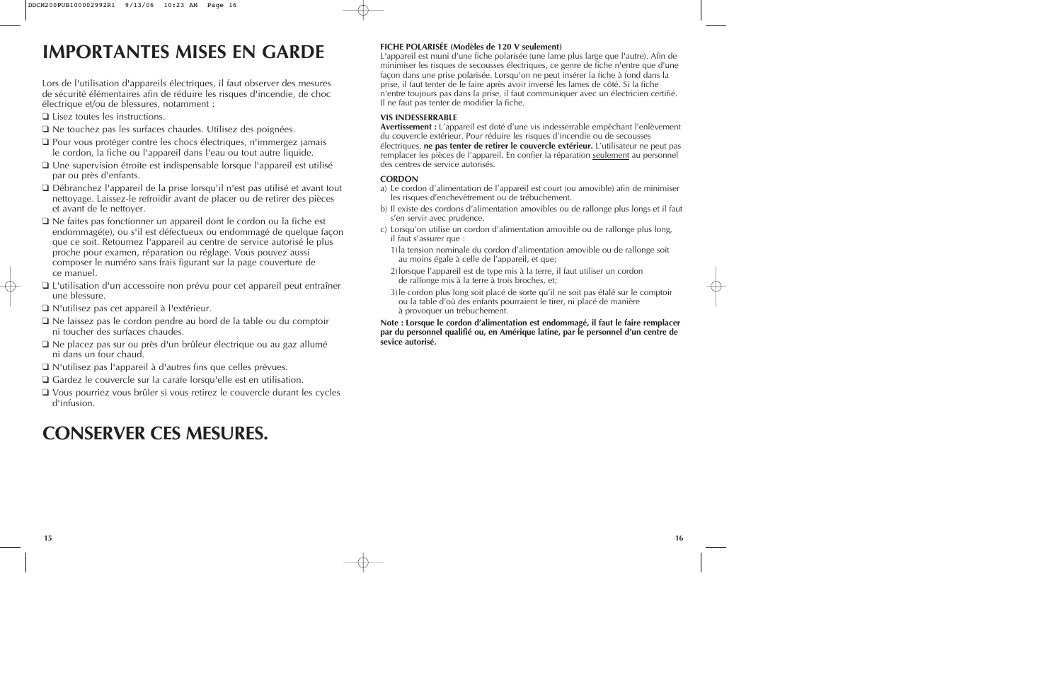 Importantes mises en garde, Conserver ces mesures | Black & Decker DDCM200 User Manual | Page 9 / 15
