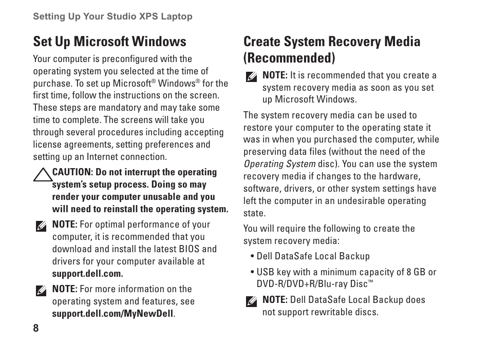 Set up microsoft windows, Create system recovery media (recommended), Recommended) | Dell Studio XPS M1640 (Mid 2010) User Manual | Page 10 / 80