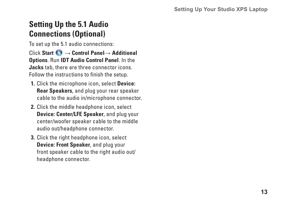 Setting up the 5.1 audio connections (optional), Setting up the 5.1 audio connections, Optional) | Dell Studio XPS M1640 (Mid 2010) User Manual | Page 15 / 80