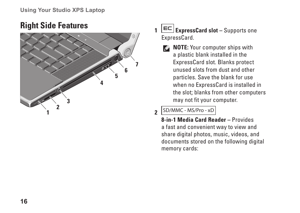 Right side features | Dell Studio XPS M1640 (Mid 2010) User Manual | Page 18 / 80