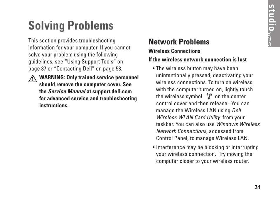 Solving problems, Network problems | Dell Studio XPS M1640 (Mid 2010) User Manual | Page 33 / 80