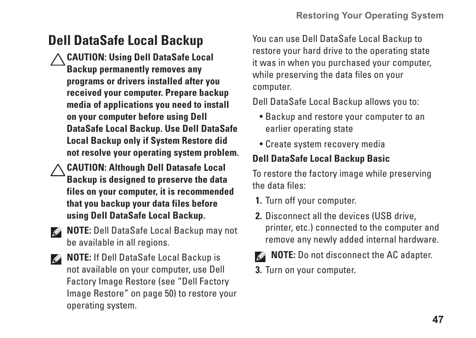 Dell datasafe local backup | Dell Studio XPS M1640 (Mid 2010) User Manual | Page 49 / 80