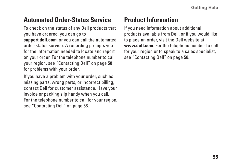 Automated order-status service, Product information, Automated order‑status service product information | Dell Studio XPS M1640 (Mid 2010) User Manual | Page 57 / 80