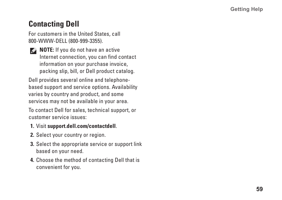 58 for, Contacting dell | Dell Studio XPS M1640 (Mid 2010) User Manual | Page 61 / 80