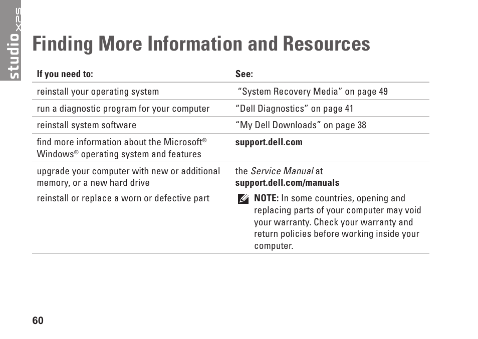 Finding more information and resources, Finding more information and, Resources | Dell Studio XPS M1640 (Mid 2010) User Manual | Page 62 / 80