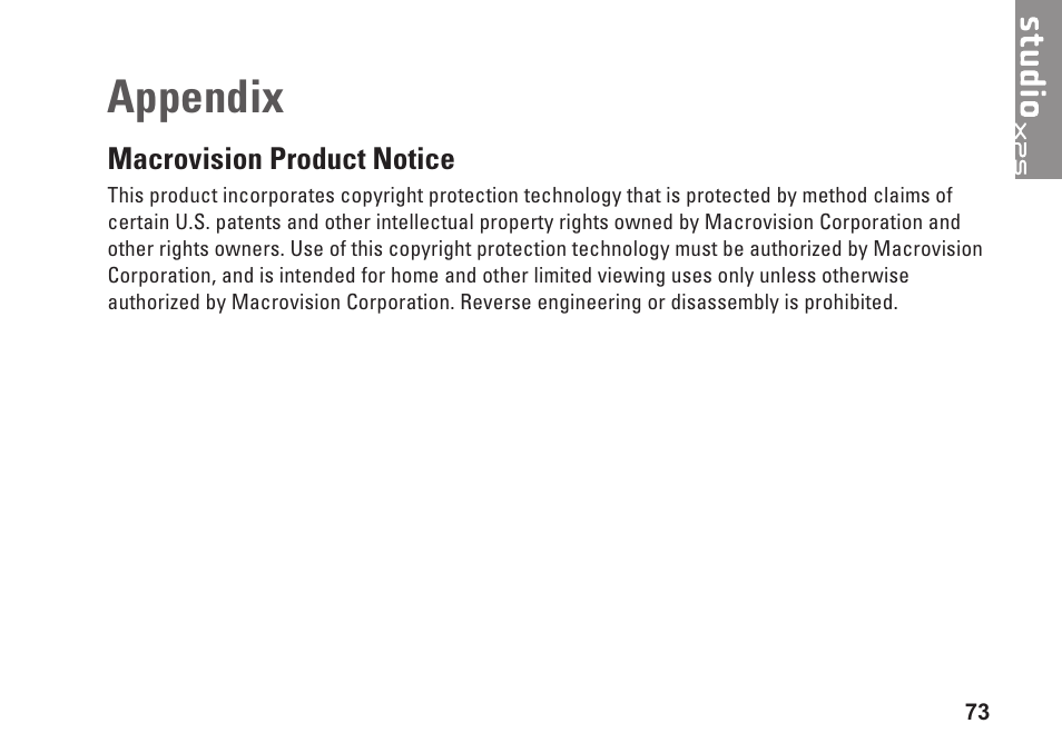 Appendix, Macrovision product notice | Dell Studio XPS M1640 (Mid 2010) User Manual | Page 75 / 80