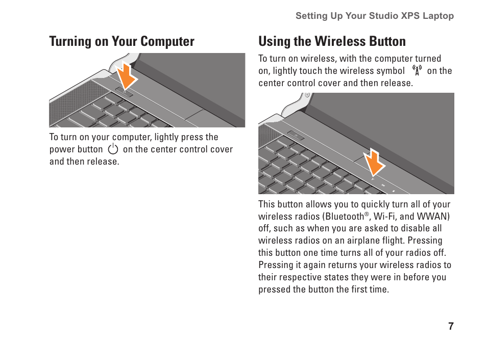 Turning on your computer, Using the wireless button, Turning on your computer using the wireless button | Dell Studio XPS M1640 (Mid 2010) User Manual | Page 9 / 80