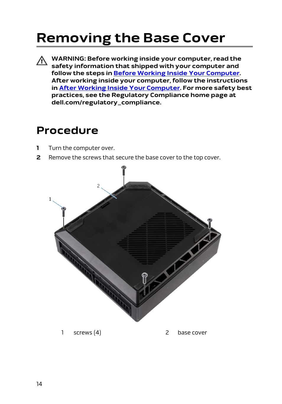 Removing the base cover, Procedure | Dell Alienware Alpha (Late 2014) User Manual | Page 14 / 87