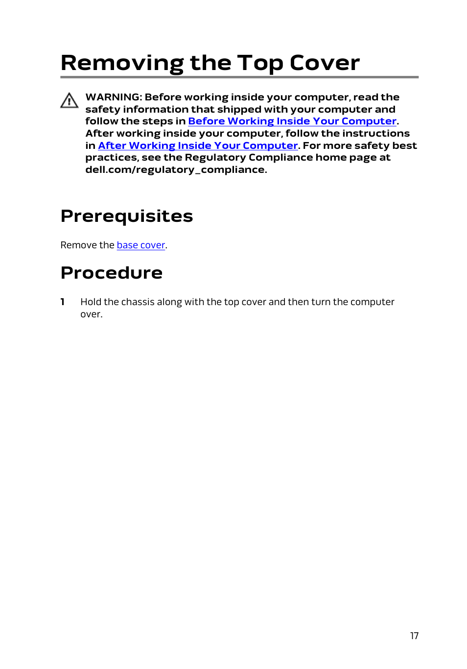 Removing the top cover, Prerequisites, Procedure | Dell Alienware Alpha (Late 2014) User Manual | Page 17 / 87