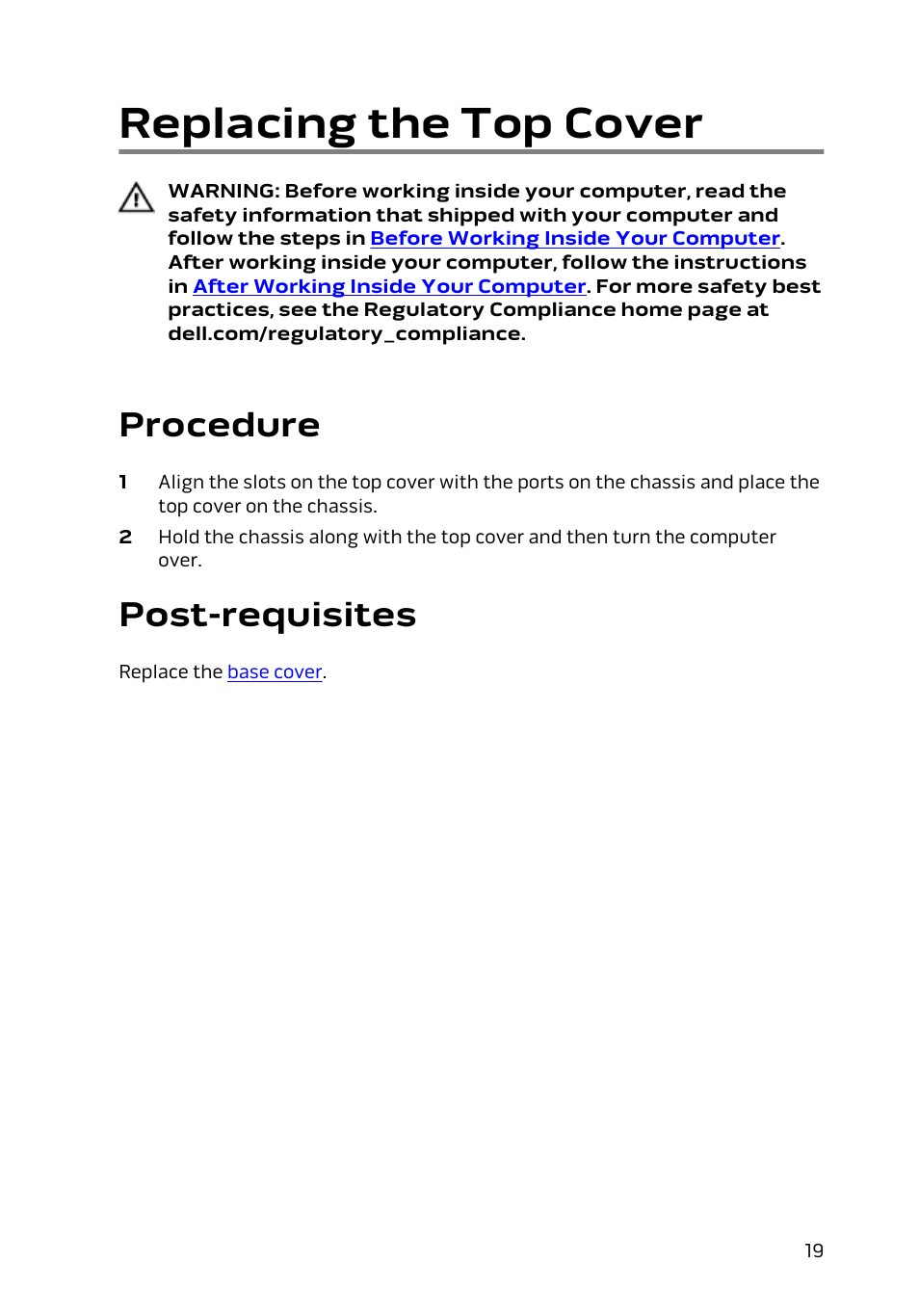 Replacing the top cover, Procedure, Post-requisites | Dell Alienware Alpha (Late 2014) User Manual | Page 19 / 87