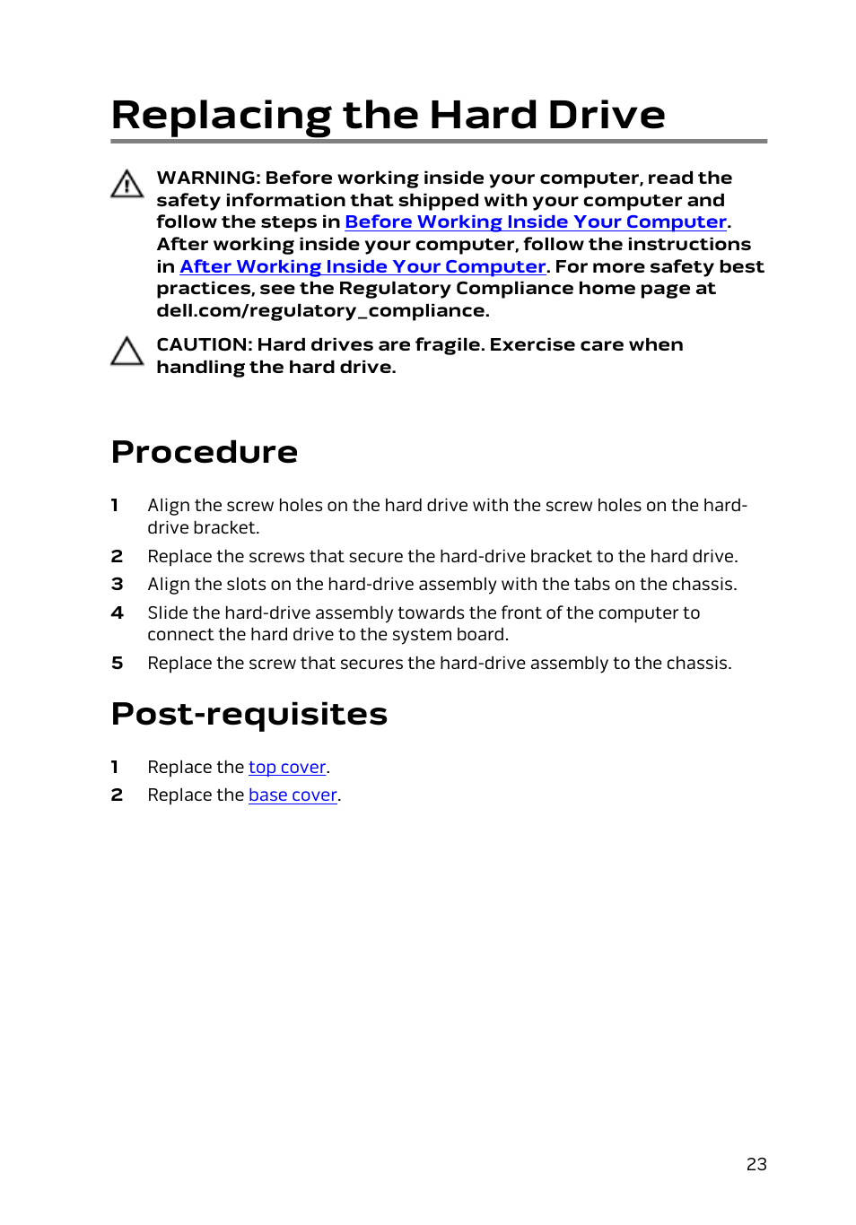 Replacing the hard drive, Procedure, Post-requisites | Dell Alienware Alpha (Late 2014) User Manual | Page 23 / 87