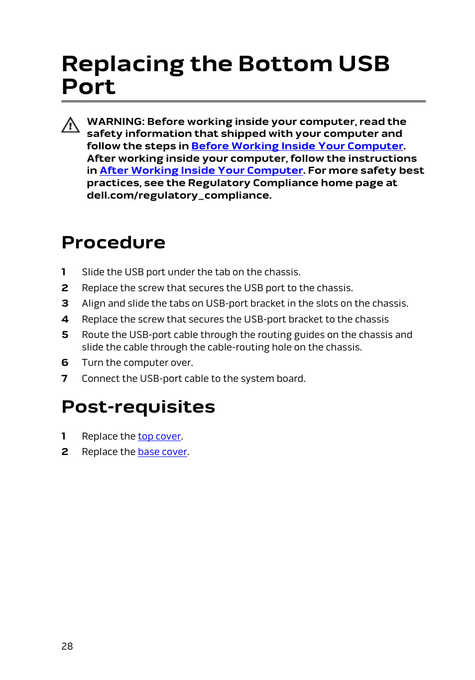 Replacing the bottom usb port, Procedure, Post-requisites | Dell Alienware Alpha (Late 2014) User Manual | Page 28 / 87