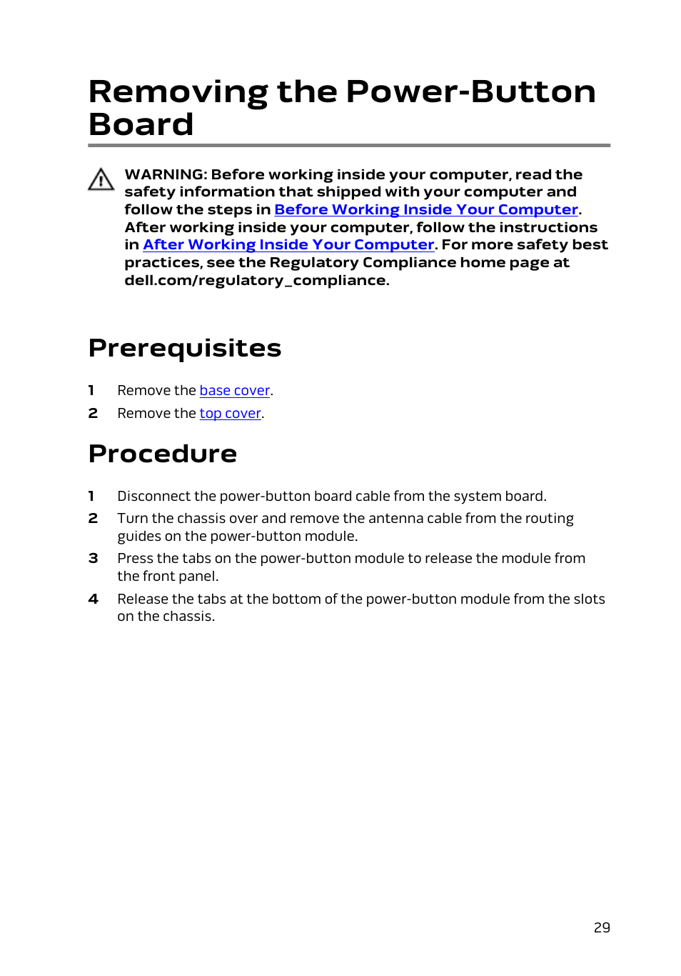 Removing the power-button board, Prerequisites, Procedure | Dell Alienware Alpha (Late 2014) User Manual | Page 29 / 87