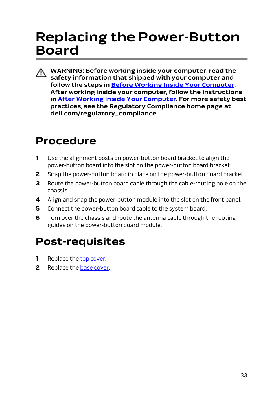 Replacing the power-button board, Procedure, Post-requisites | Dell Alienware Alpha (Late 2014) User Manual | Page 33 / 87