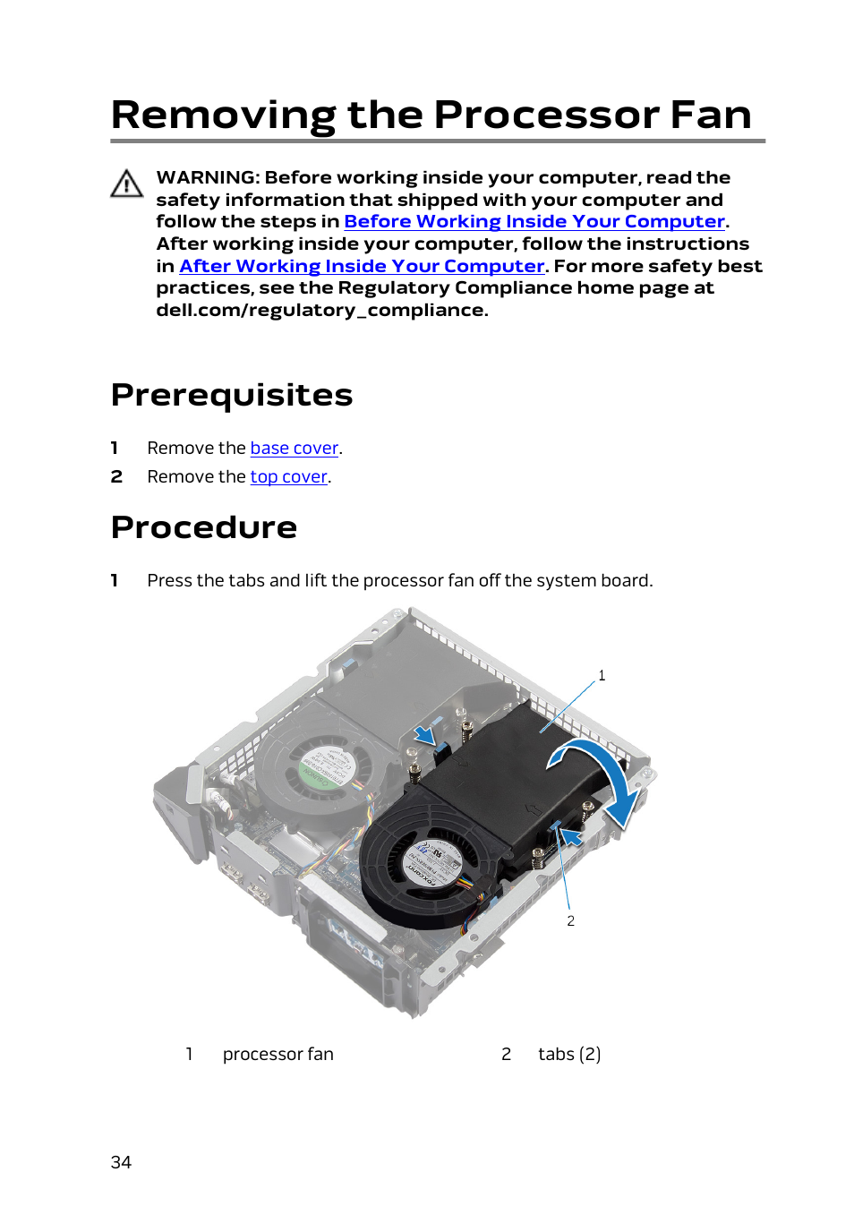 Removing the processor fan, Prerequisites, Procedure | Dell Alienware Alpha (Late 2014) User Manual | Page 34 / 87