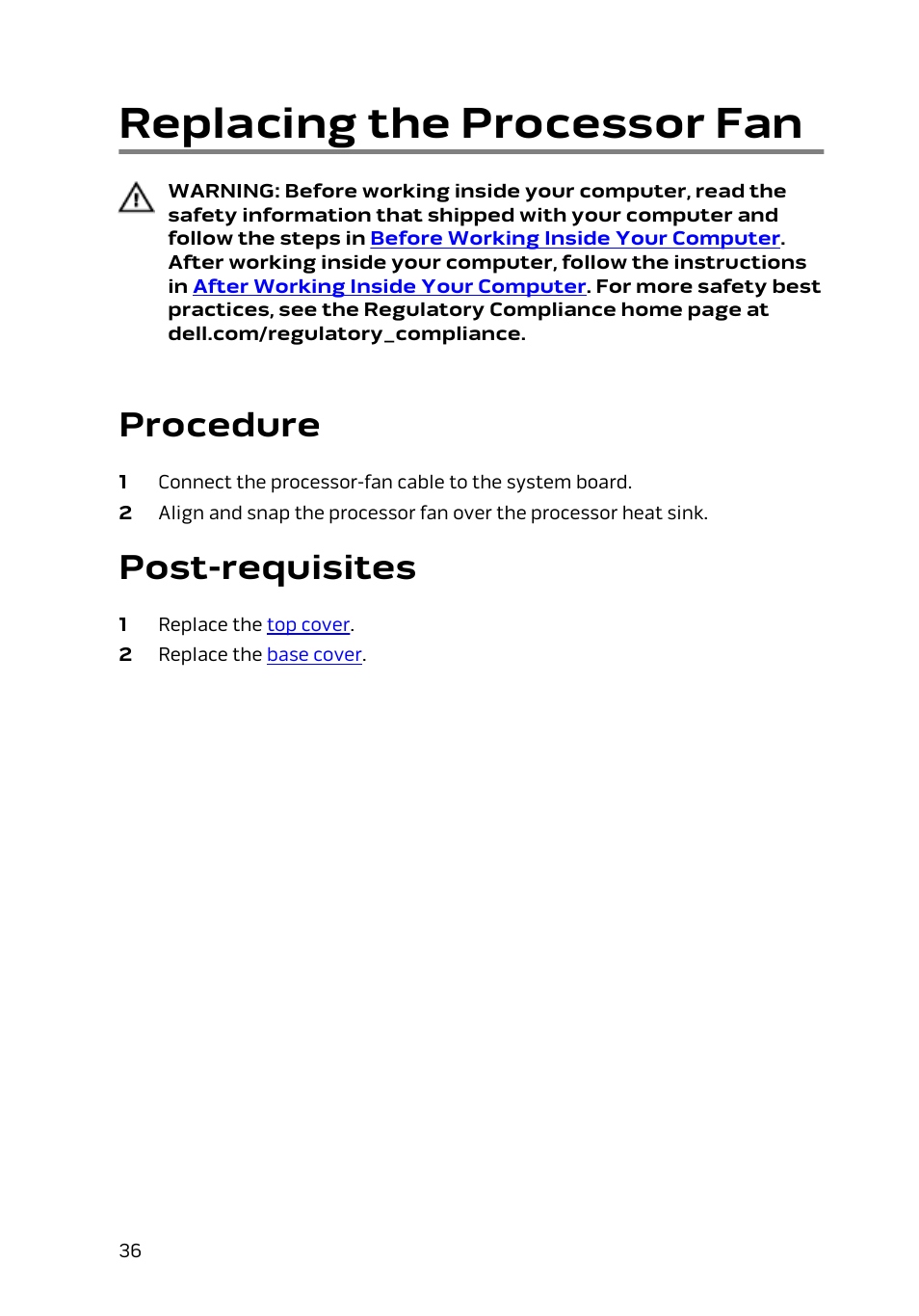 Replacing the processor fan, Procedure, Post-requisites | Dell Alienware Alpha (Late 2014) User Manual | Page 36 / 87