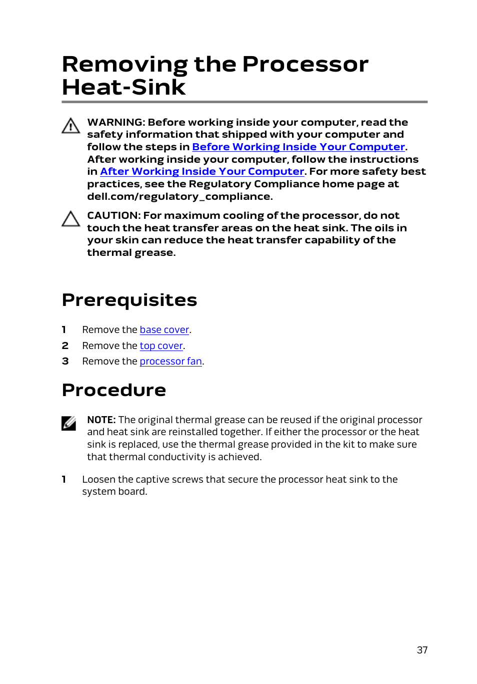 Removing the processor heat-sink, Prerequisites, Procedure | Dell Alienware Alpha (Late 2014) User Manual | Page 37 / 87
