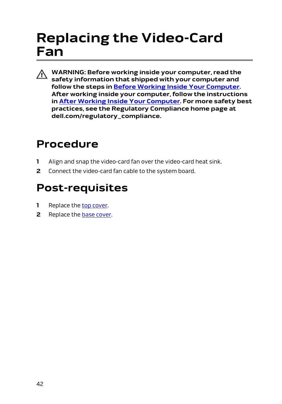 Replacing the video-card fan, Procedure, Post-requisites | Dell Alienware Alpha (Late 2014) User Manual | Page 42 / 87