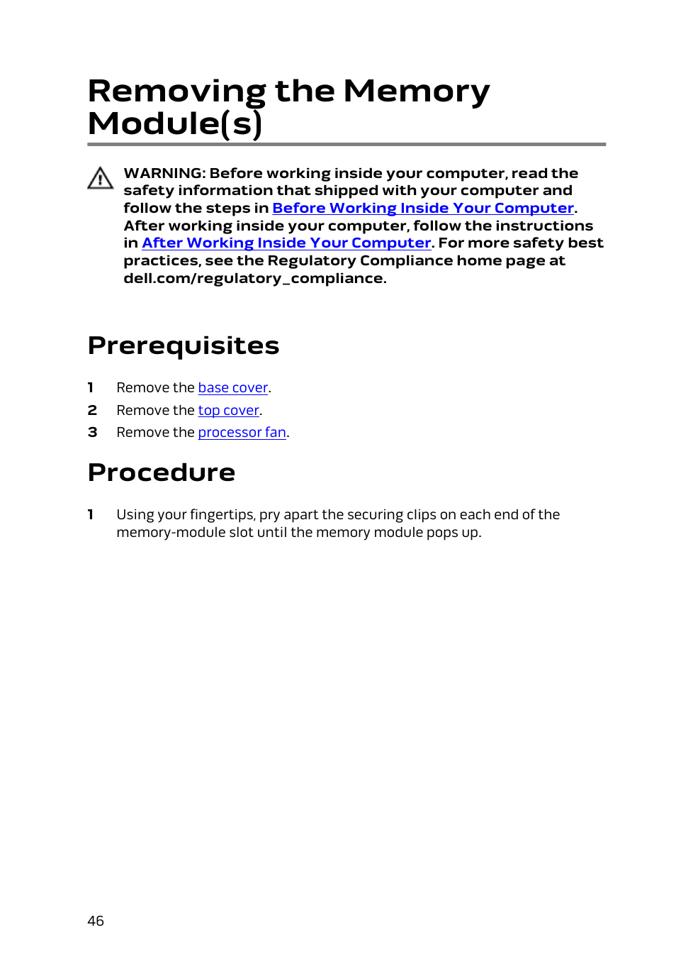 Removing the memory module(s), Prerequisites, Procedure | Dell Alienware Alpha (Late 2014) User Manual | Page 46 / 87