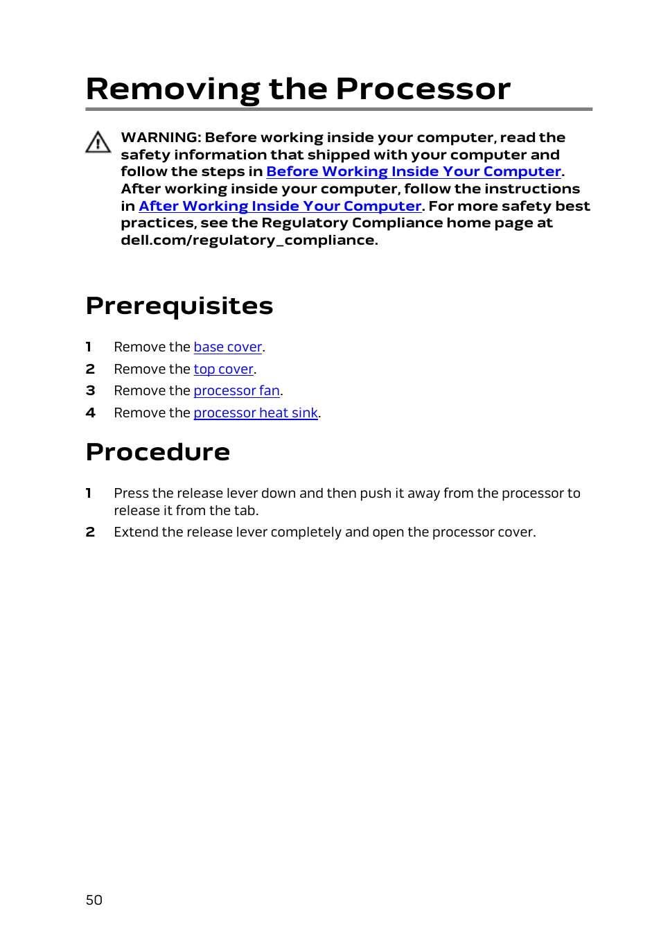 Removing the processor, Prerequisites, Procedure | Dell Alienware Alpha (Late 2014) User Manual | Page 50 / 87