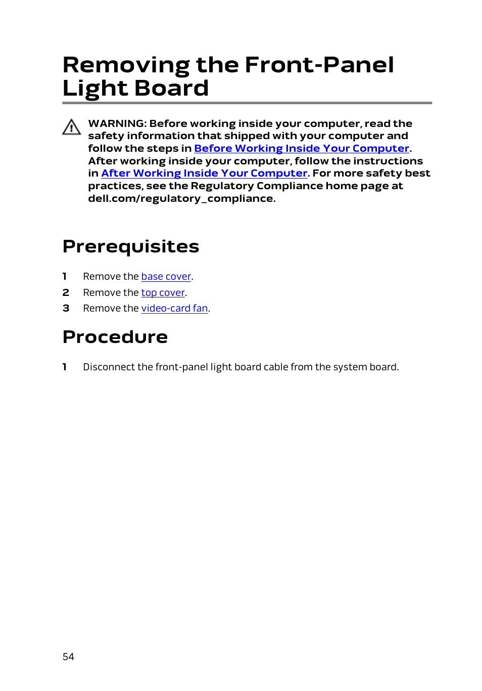 Removing the front-panel light board, Prerequisites, Procedure | Dell Alienware Alpha (Late 2014) User Manual | Page 54 / 87