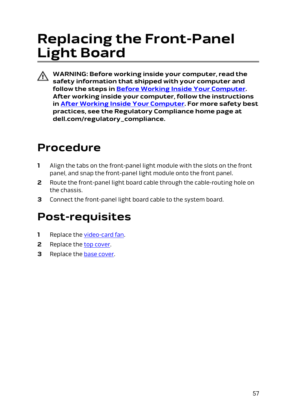 Replacing the front-panel light board, Procedure, Post-requisites | Dell Alienware Alpha (Late 2014) User Manual | Page 57 / 87