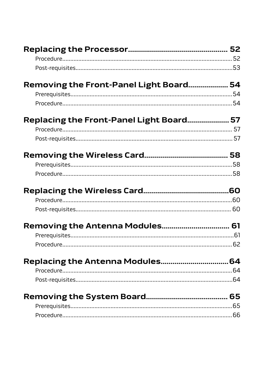 Replacing the processor, Removing the front-panel light board, Replacing the front-panel light board | Removing the wireless card, Replacing the wireless card, Removing the antenna modules, Replacing the antenna modules, Removing the system board | Dell Alienware Alpha (Late 2014) User Manual | Page 6 / 87