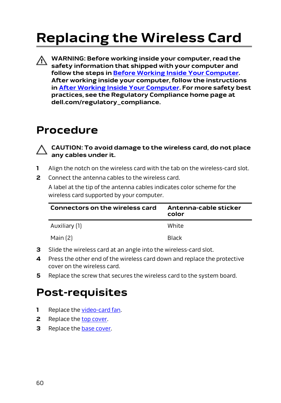 Replacing the wireless card, Procedure, Post-requisites | Dell Alienware Alpha (Late 2014) User Manual | Page 60 / 87