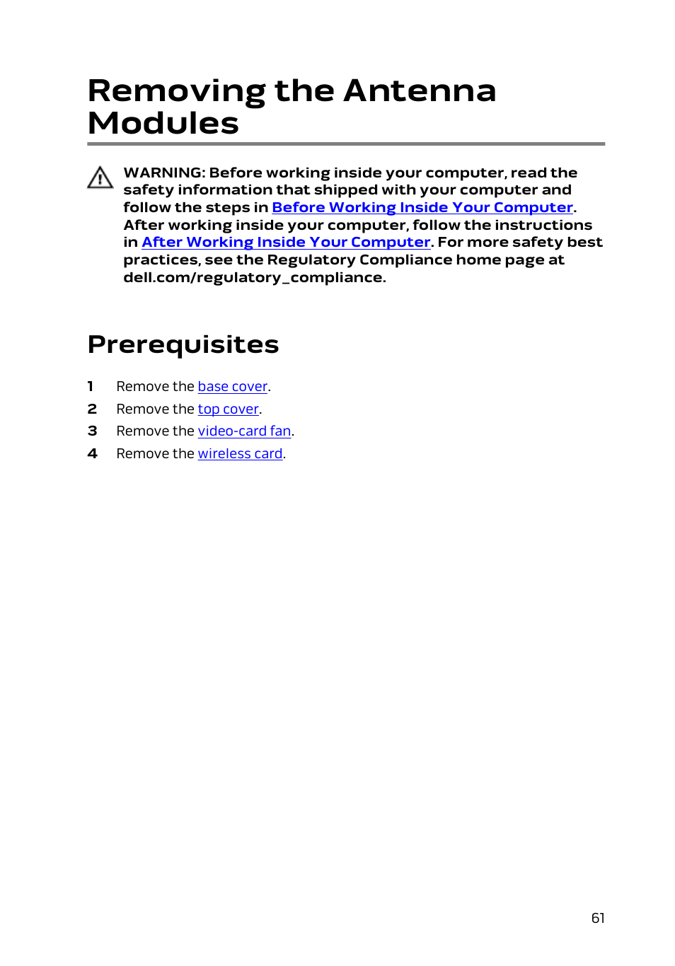 Removing the antenna modules, Prerequisites | Dell Alienware Alpha (Late 2014) User Manual | Page 61 / 87