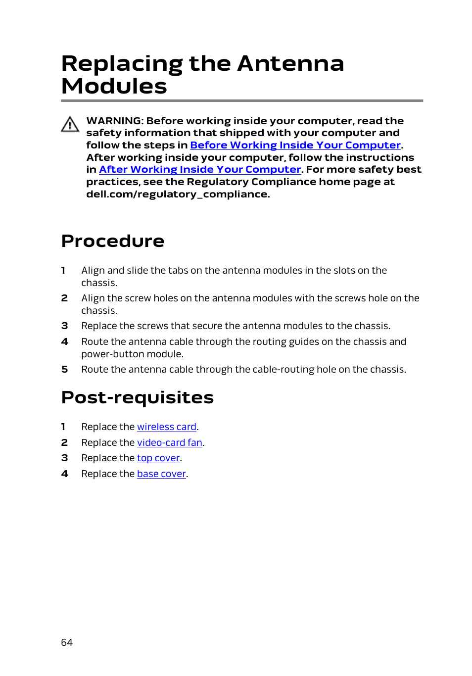 Replacing the antenna modules, Procedure, Post-requisites | Dell Alienware Alpha (Late 2014) User Manual | Page 64 / 87