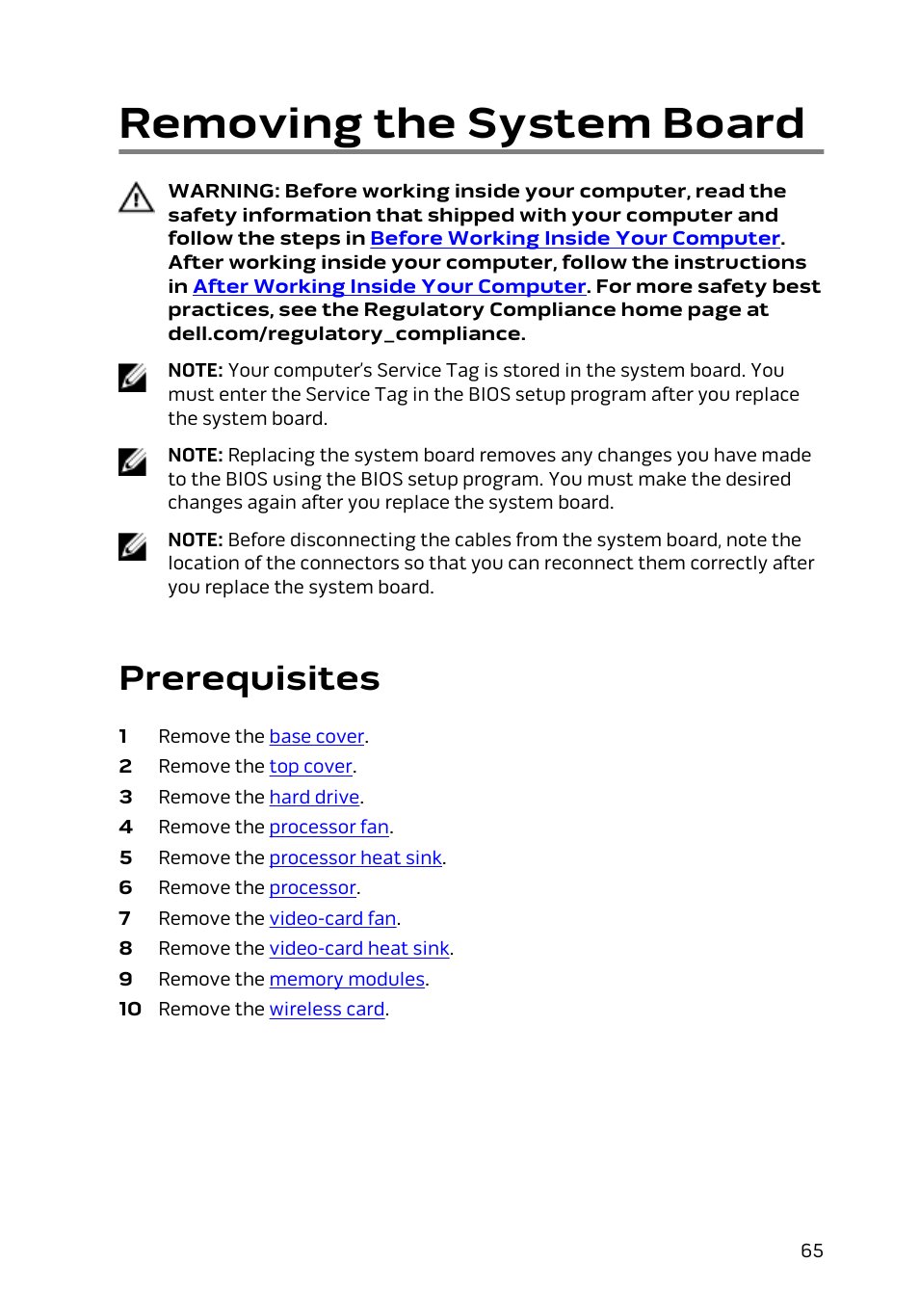 Removing the system board, Prerequisites | Dell Alienware Alpha (Late 2014) User Manual | Page 65 / 87