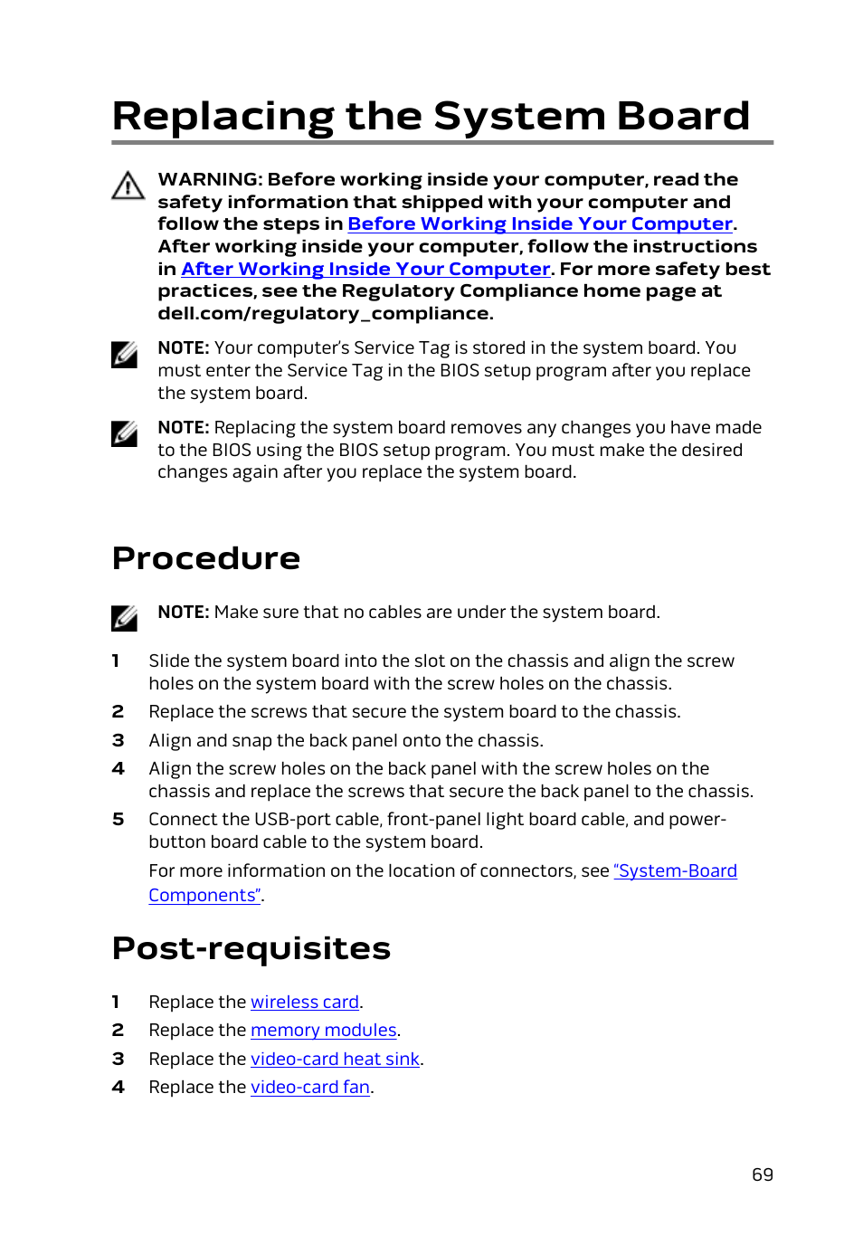 Replacing the system board, Procedure, Post-requisites | Dell Alienware Alpha (Late 2014) User Manual | Page 69 / 87