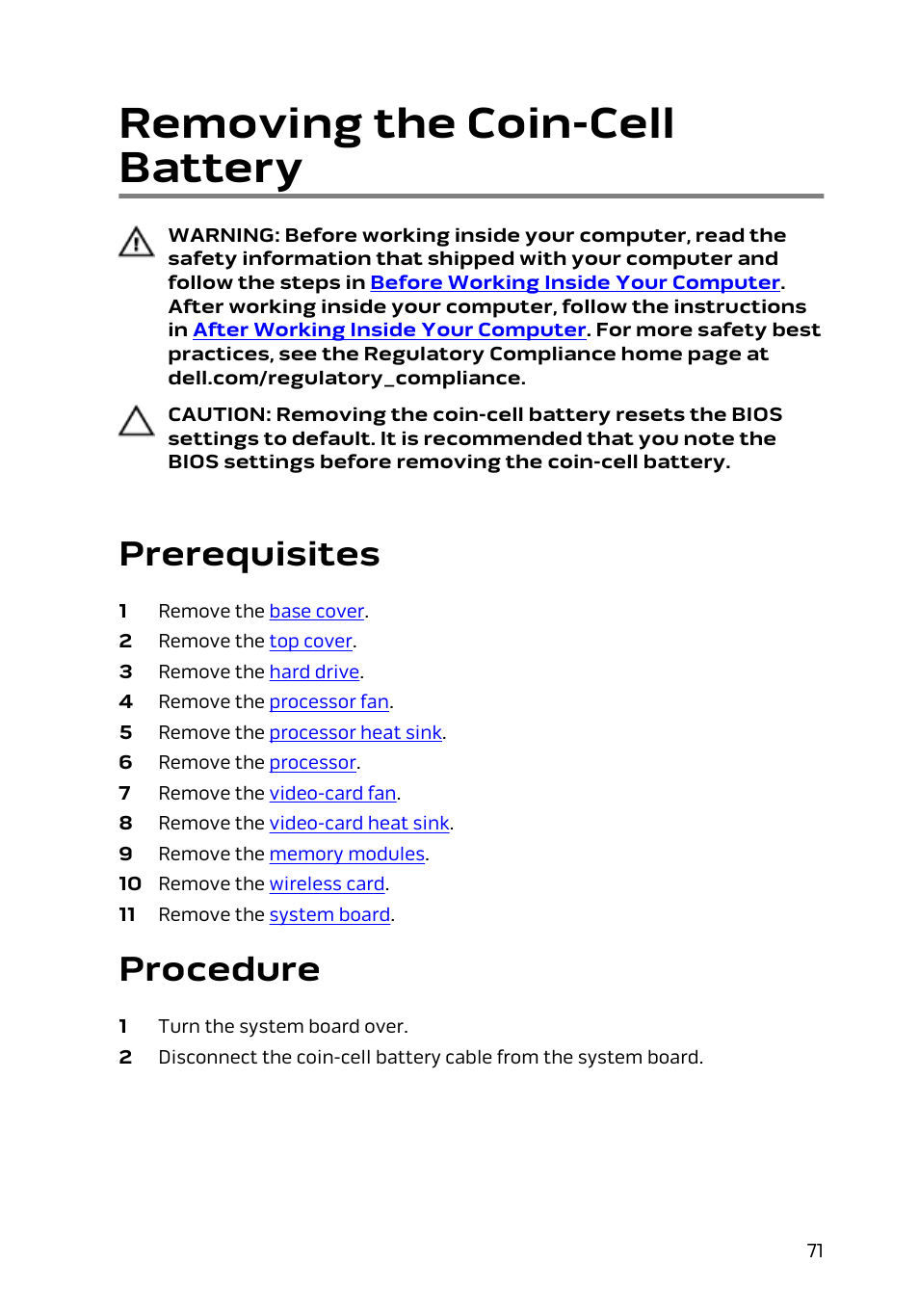 Removing the coin-cell battery, Prerequisites, Procedure | Dell Alienware Alpha (Late 2014) User Manual | Page 71 / 87