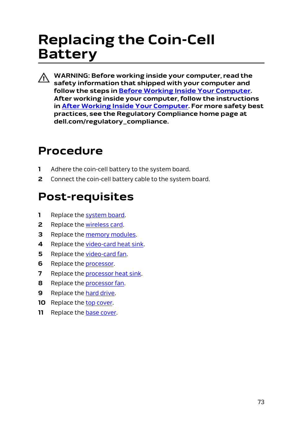 Replacing the coin-cell battery, Procedure, Post-requisites | Dell Alienware Alpha (Late 2014) User Manual | Page 73 / 87