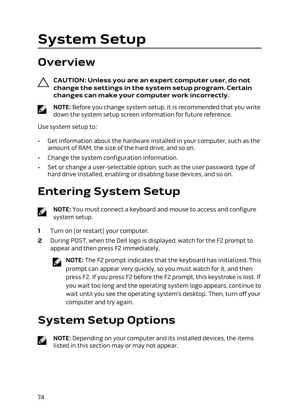 System setup, Overview, Entering system setup | System setup options | Dell Alienware Alpha (Late 2014) User Manual | Page 74 / 87
