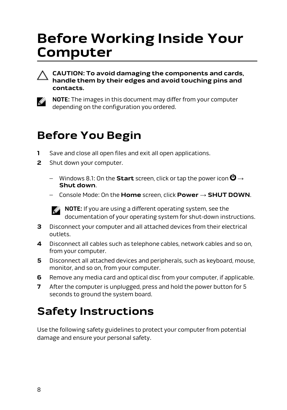 Before working inside your computer, Before you begin, Safety instructions | Dell Alienware Alpha (Late 2014) User Manual | Page 8 / 87