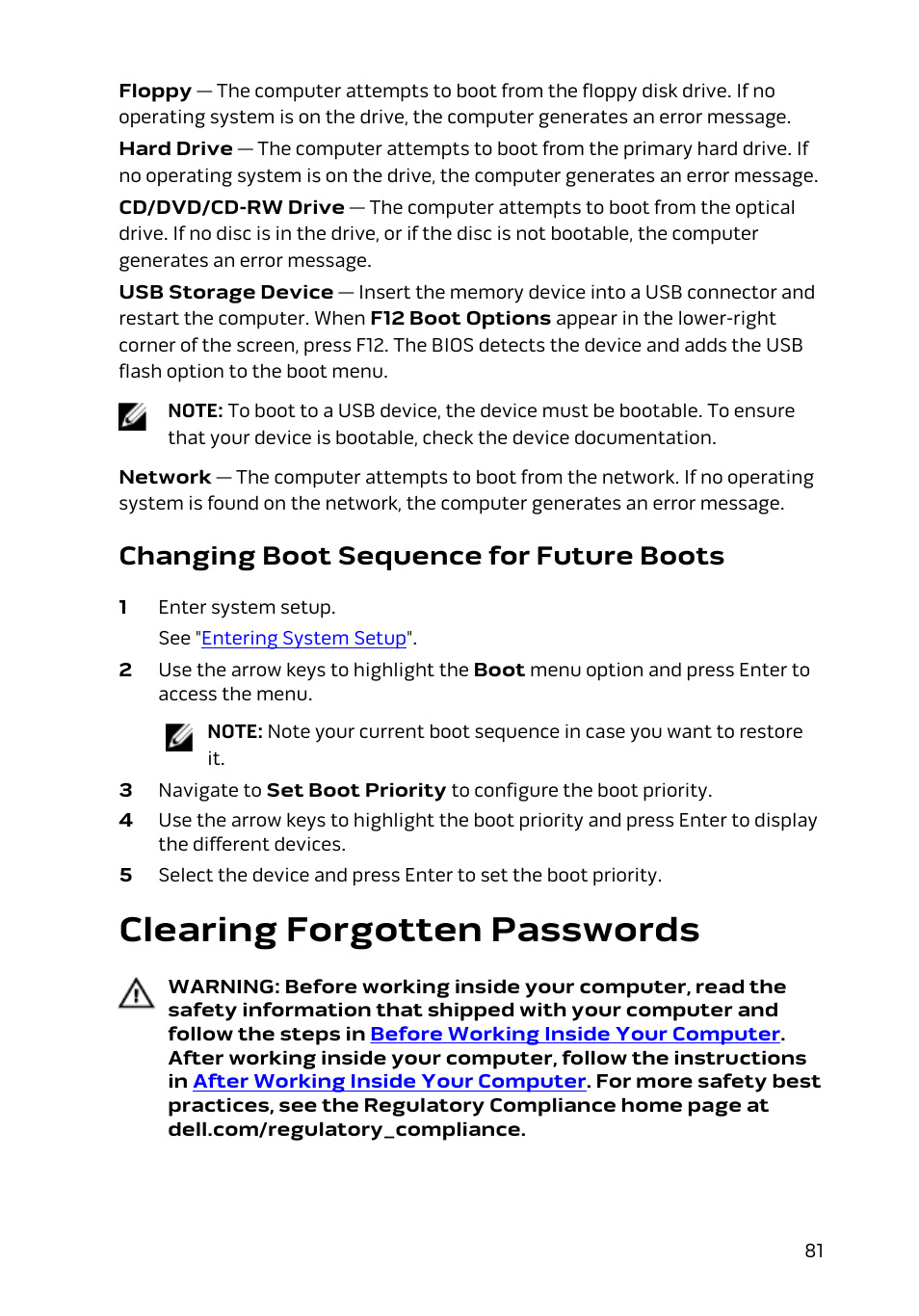 Changing boot sequence for future boots, Clearing forgotten passwords | Dell Alienware Alpha (Late 2014) User Manual | Page 81 / 87