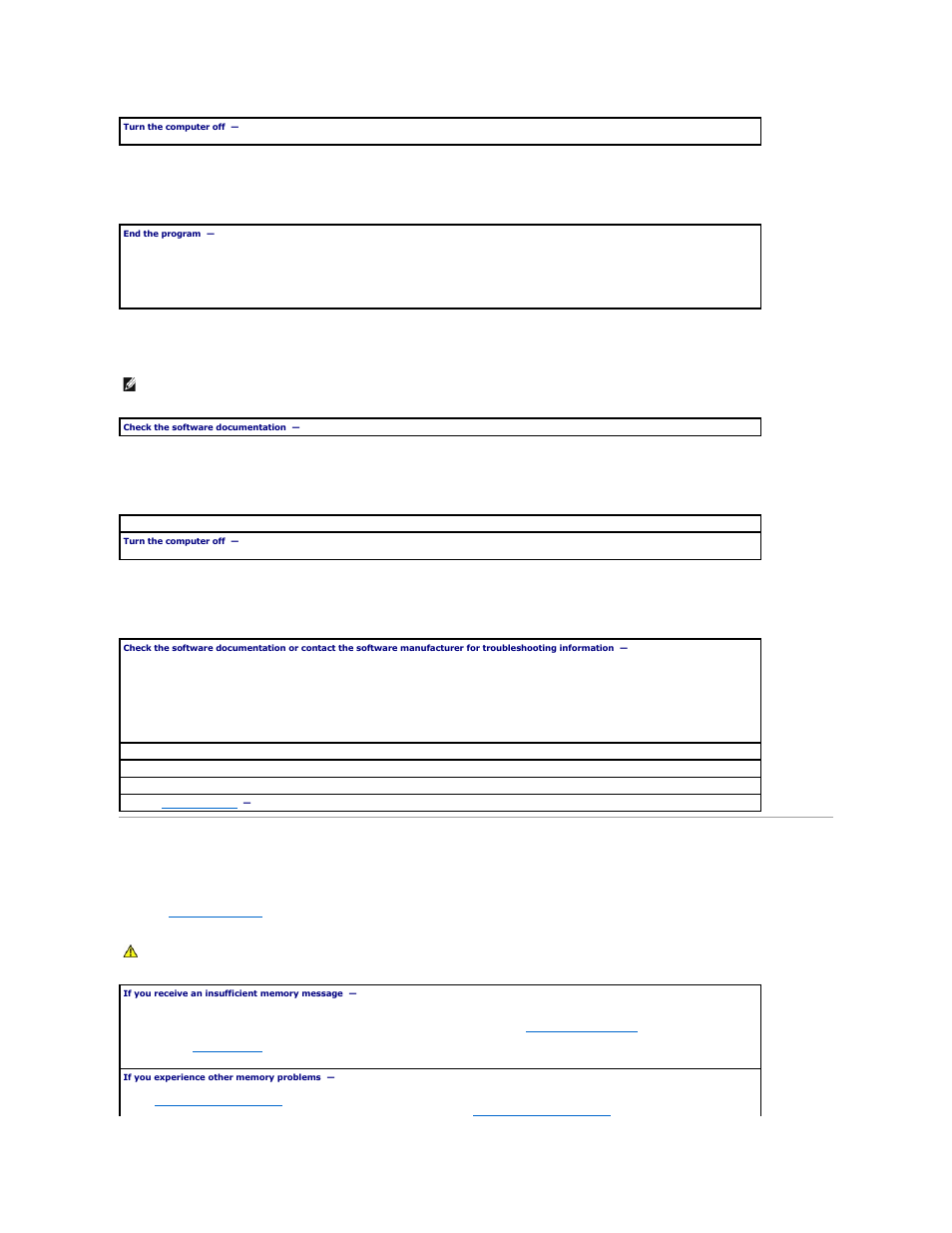 Memory problems, A program stops responding, A program crashes repeatedly | A solid blue screen appears, Other software problems | Dell OptiPlex SX280 User Manual | Page 74 / 95
