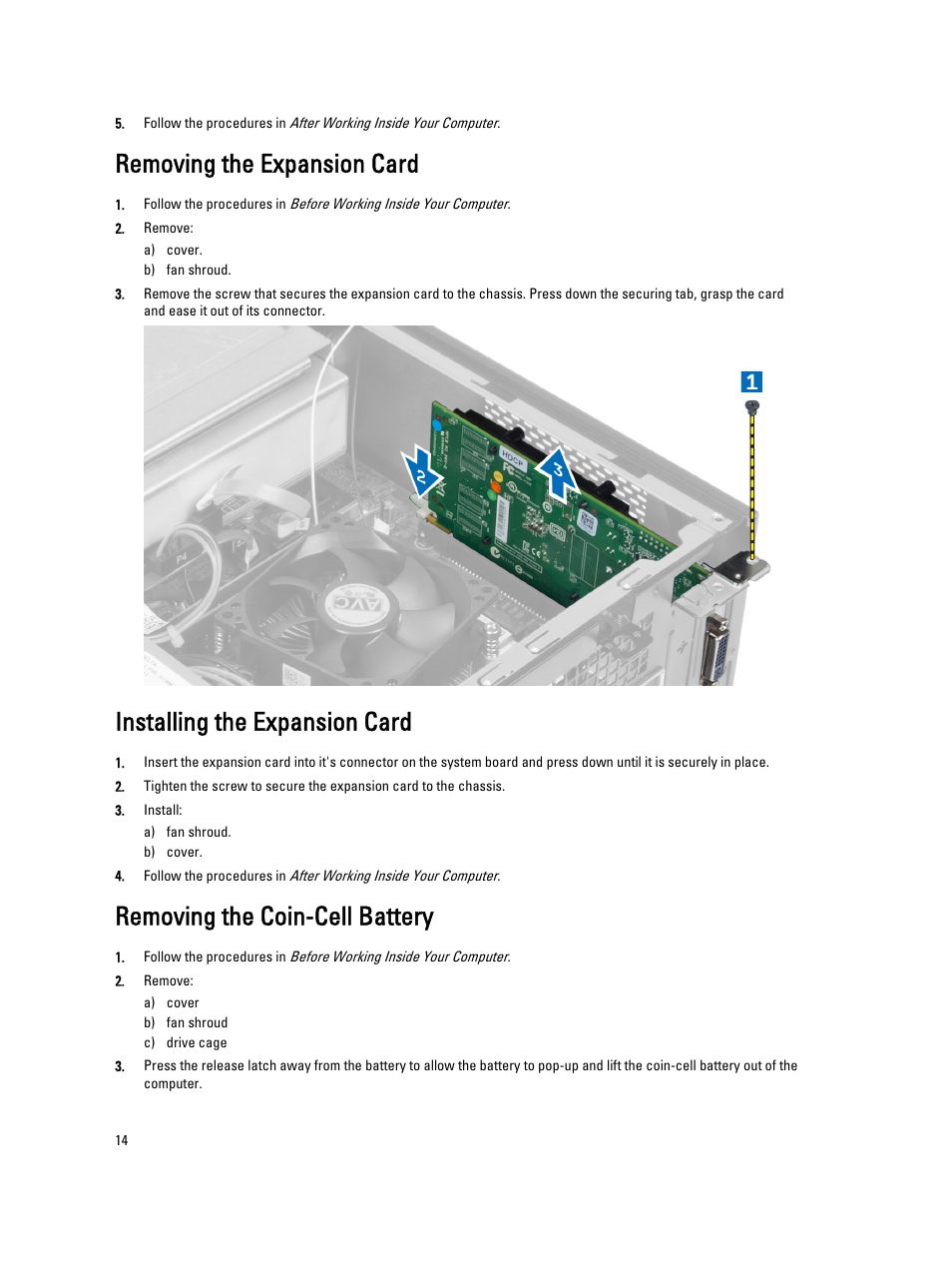Removing the expansion card, Installing the expansion card, Removing the coin-cell battery | Dell Vostro 270s (Late 2012) User Manual | Page 14 / 41