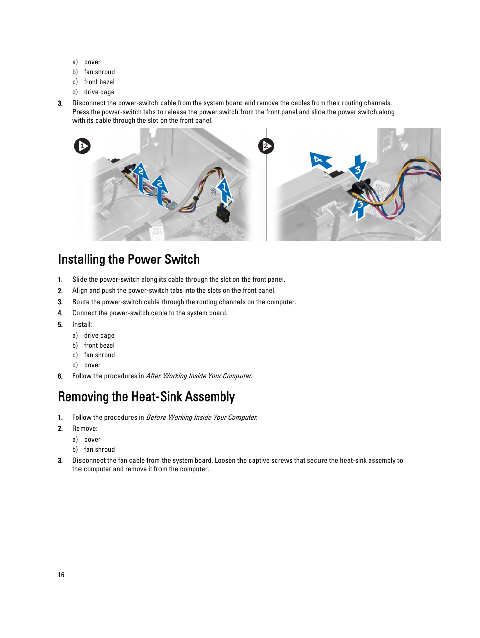 Installing the power switch, Removing the heat-sink assembly | Dell Vostro 270s (Late 2012) User Manual | Page 16 / 41