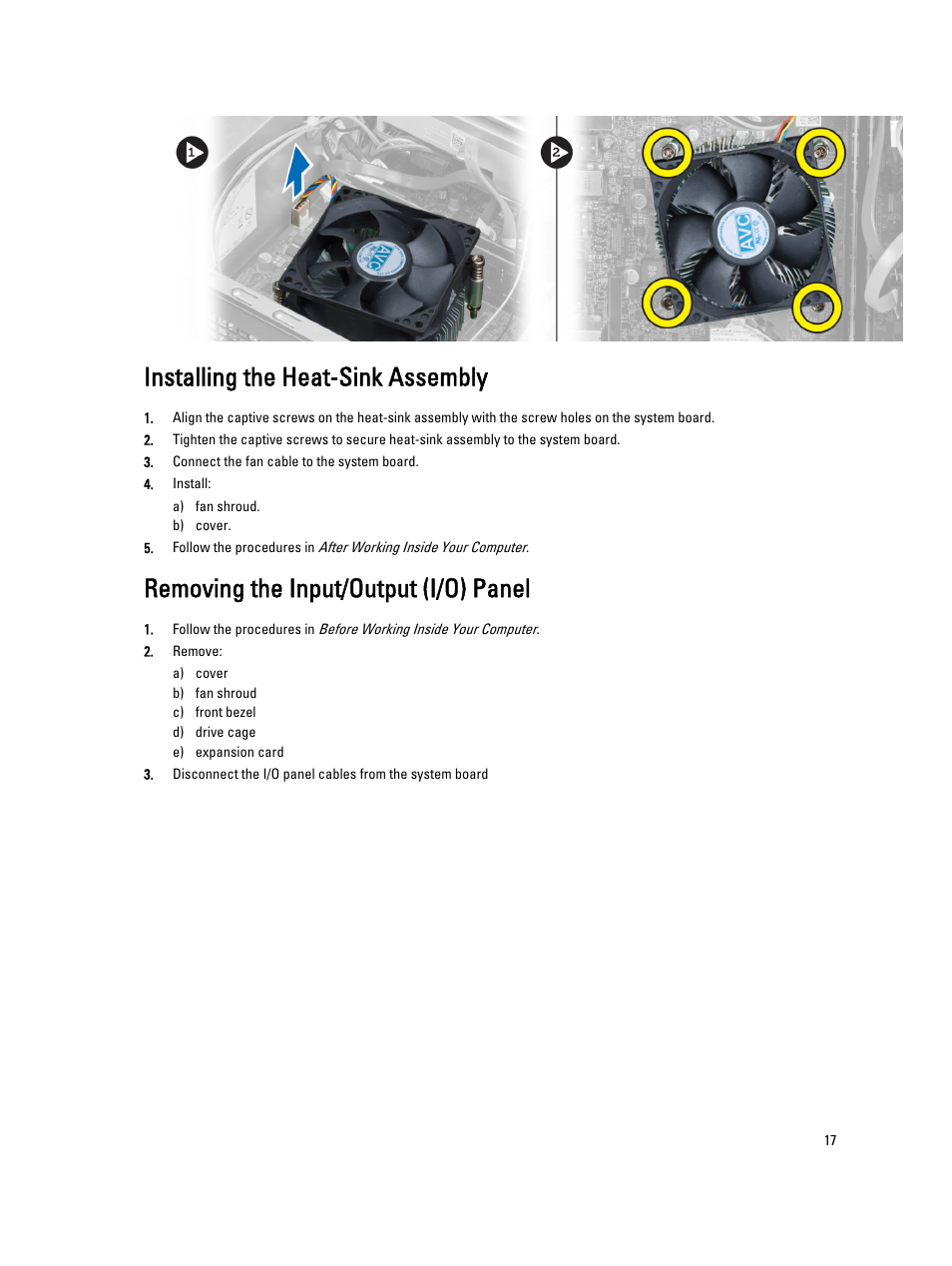 Installing the heat-sink assembly, Removing the input/output (i/o) panel | Dell Vostro 270s (Late 2012) User Manual | Page 17 / 41