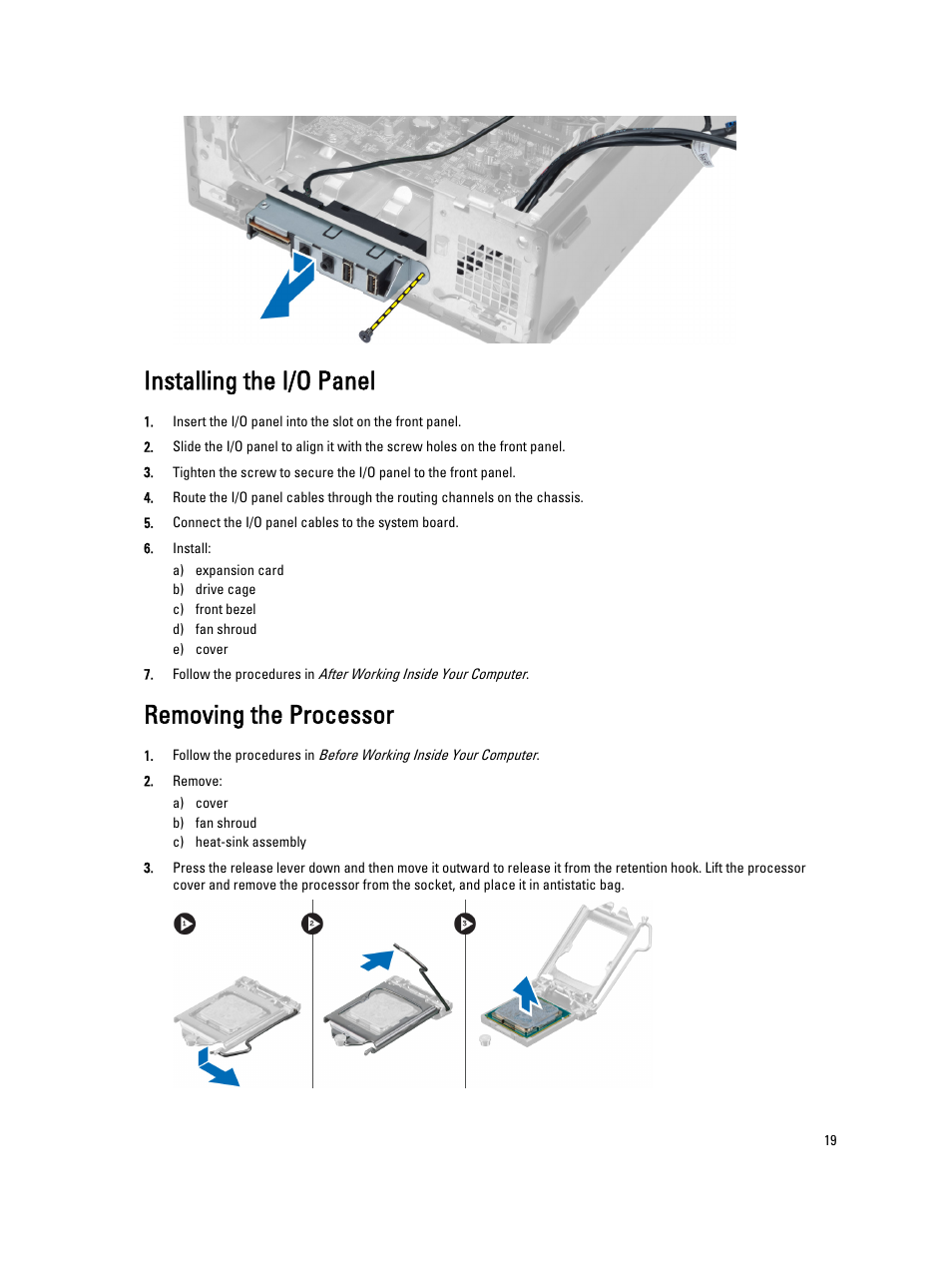 Installing the i/o panel, Removing the processor | Dell Vostro 270s (Late 2012) User Manual | Page 19 / 41