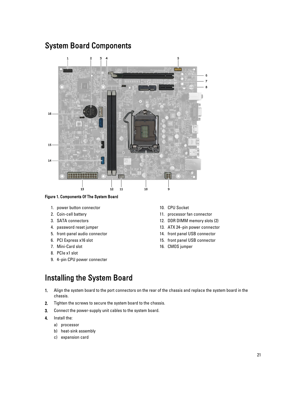 System board components, Installing the system board | Dell Vostro 270s (Late 2012) User Manual | Page 21 / 41