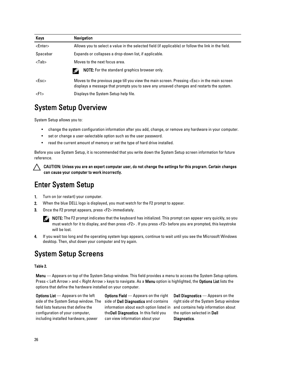 System setup overview, Enter system setup, System setup screens | Dell Vostro 270s (Late 2012) User Manual | Page 26 / 41