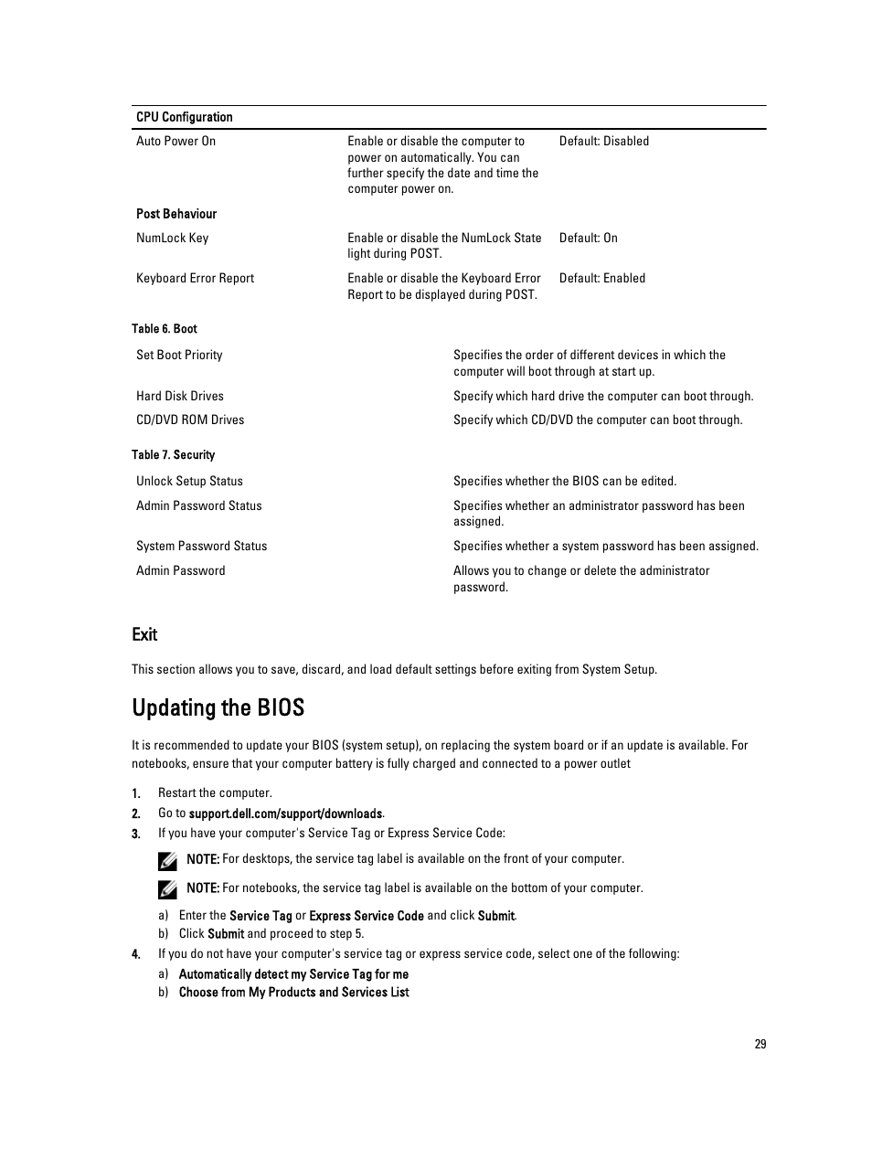 Exit, Updating the bios | Dell Vostro 270s (Late 2012) User Manual | Page 29 / 41