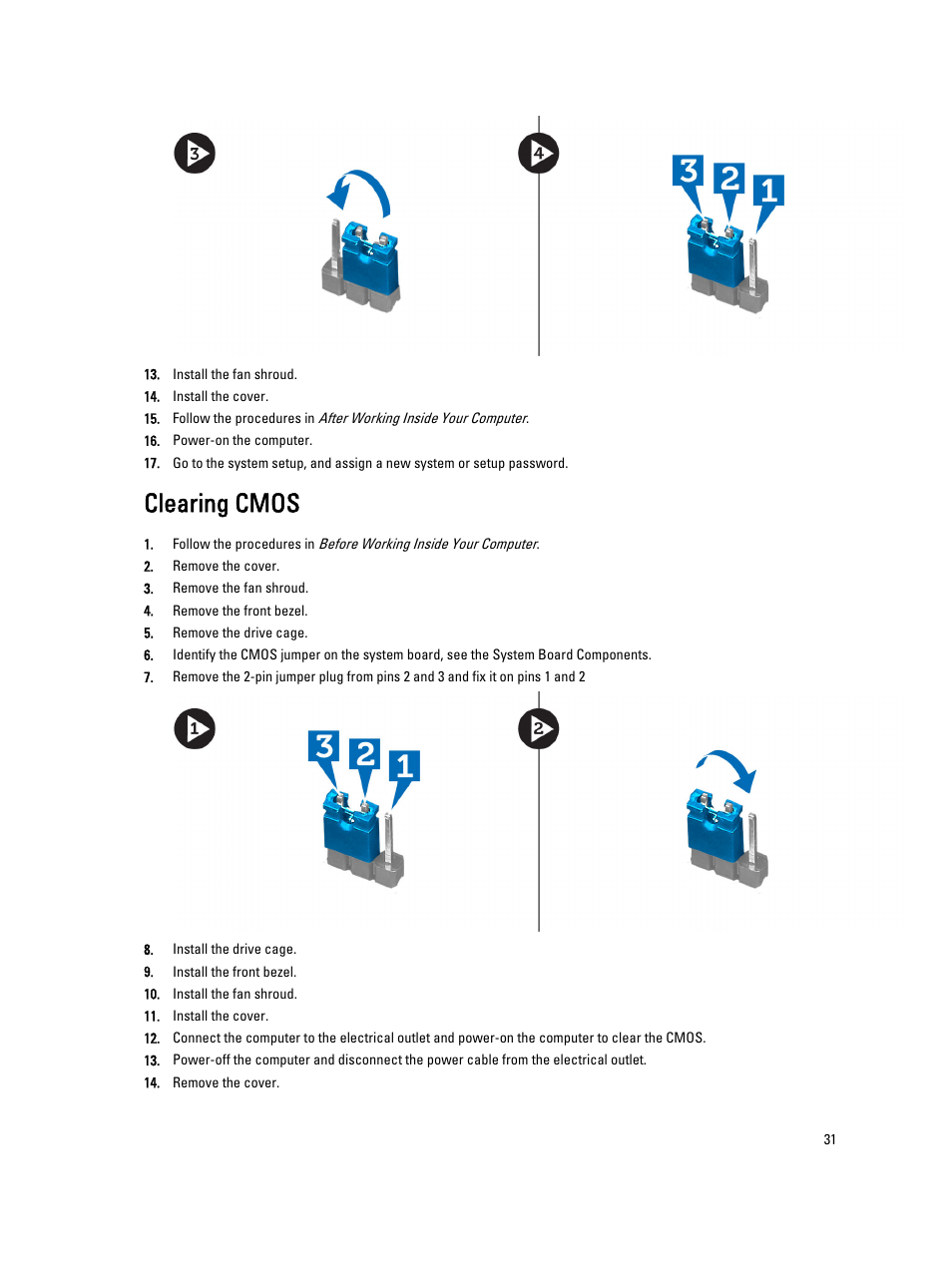 Clearing cmos | Dell Vostro 270s (Late 2012) User Manual | Page 31 / 41