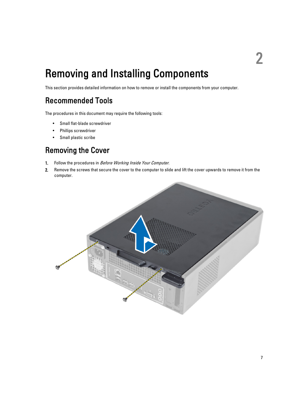 Removing and installing components, Recommended tools, Removing the cover | 2 removing and installing components | Dell Vostro 270s (Late 2012) User Manual | Page 7 / 41