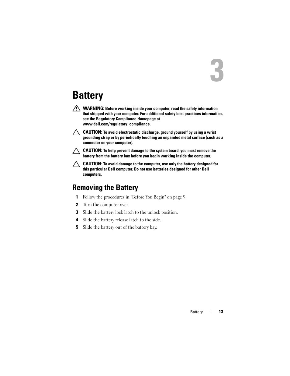 Battery, Removing the battery, 2 turn the computer over | 4 slide the battery release latch to the side, 5 slide the battery out of the battery bay | Dell Inspiron 1428 (Late 2009) User Manual | Page 13 / 82