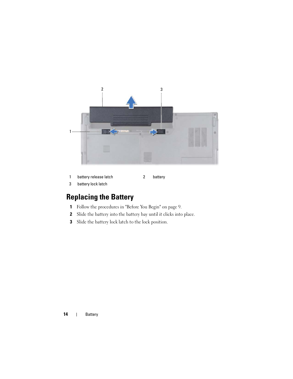 Replacing the battery | Dell Inspiron 1428 (Late 2009) User Manual | Page 14 / 82