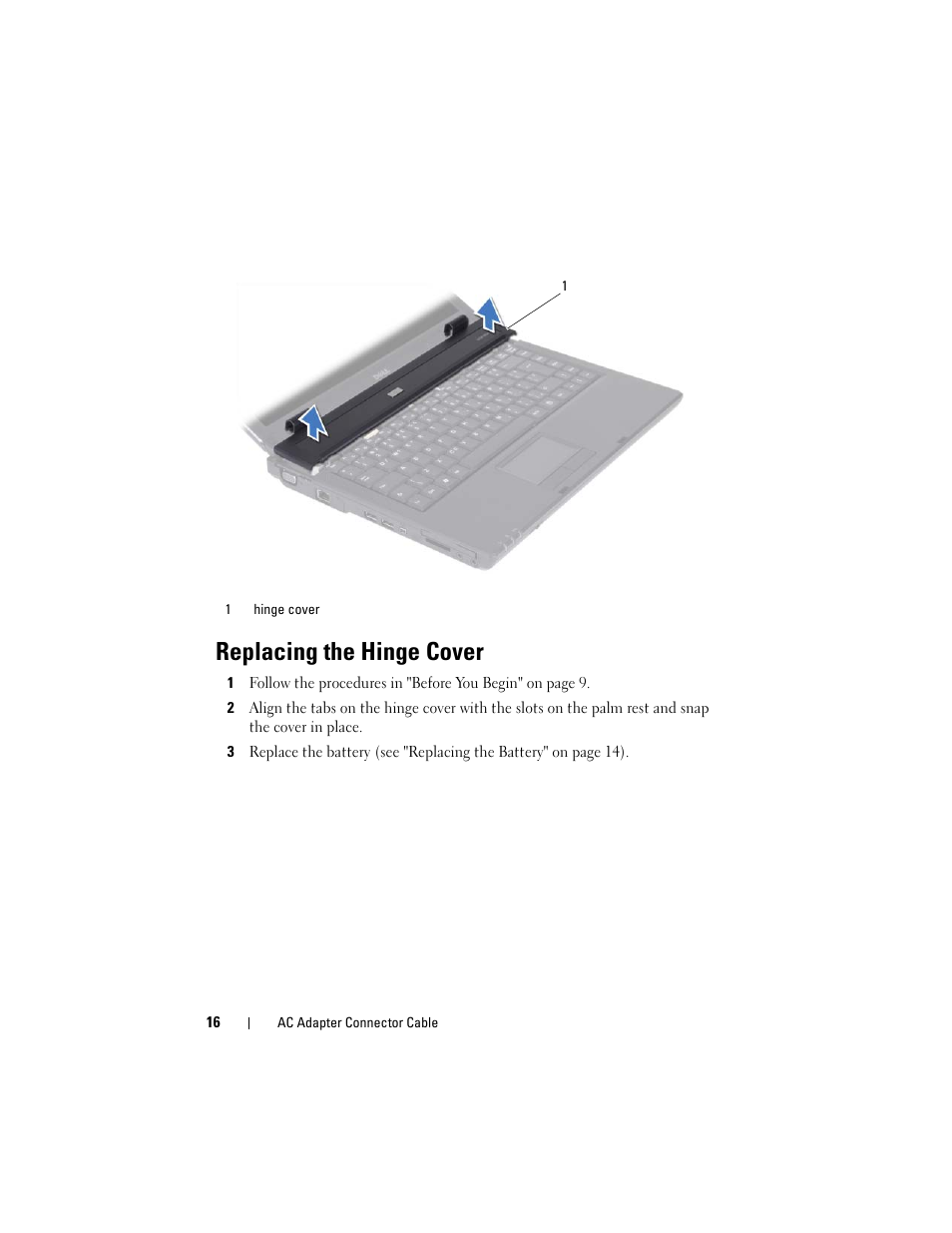 Replacing the hinge cover | Dell Inspiron 1428 (Late 2009) User Manual | Page 16 / 82